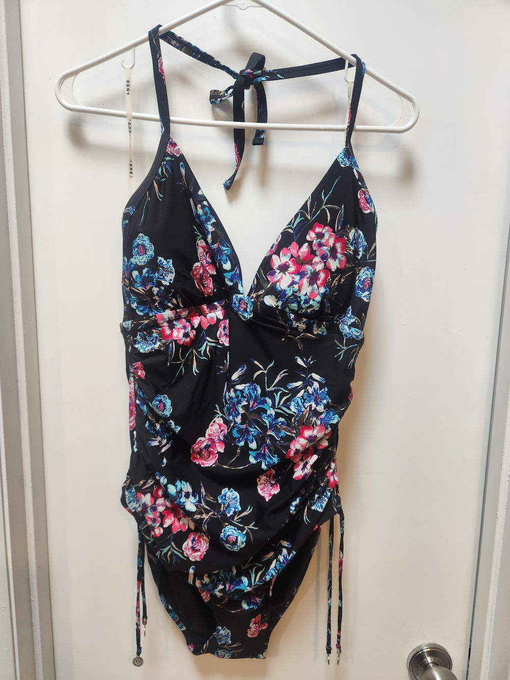 DKNY Black One-Piece Swimsuit with Pink and Blue Floral Print